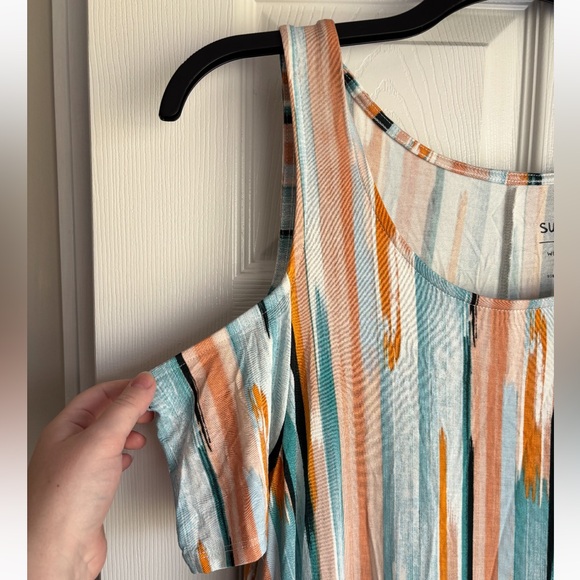 torrid Cold-Shoulder Maxi Dress in Aqua, Peach & Brown Brushstroke NWT - Picture 2 of 5